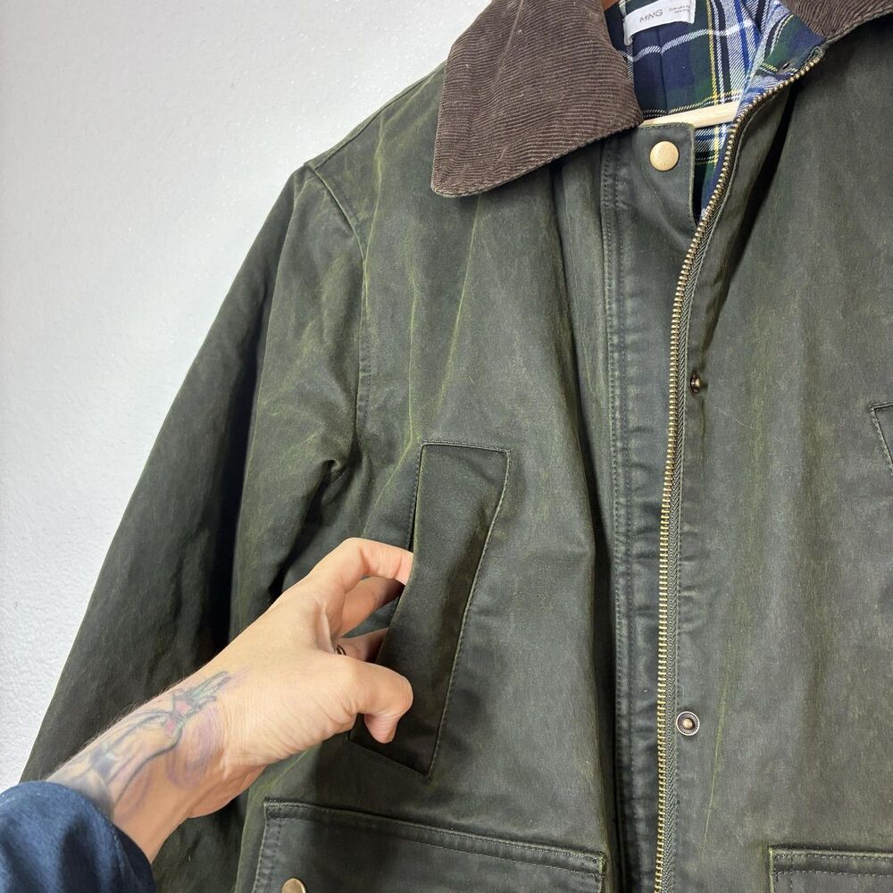 Mango Waxed Effect Barn Jacket Womens XS Green Corduroy Collar Plaid Lined - Picture 13 of 16